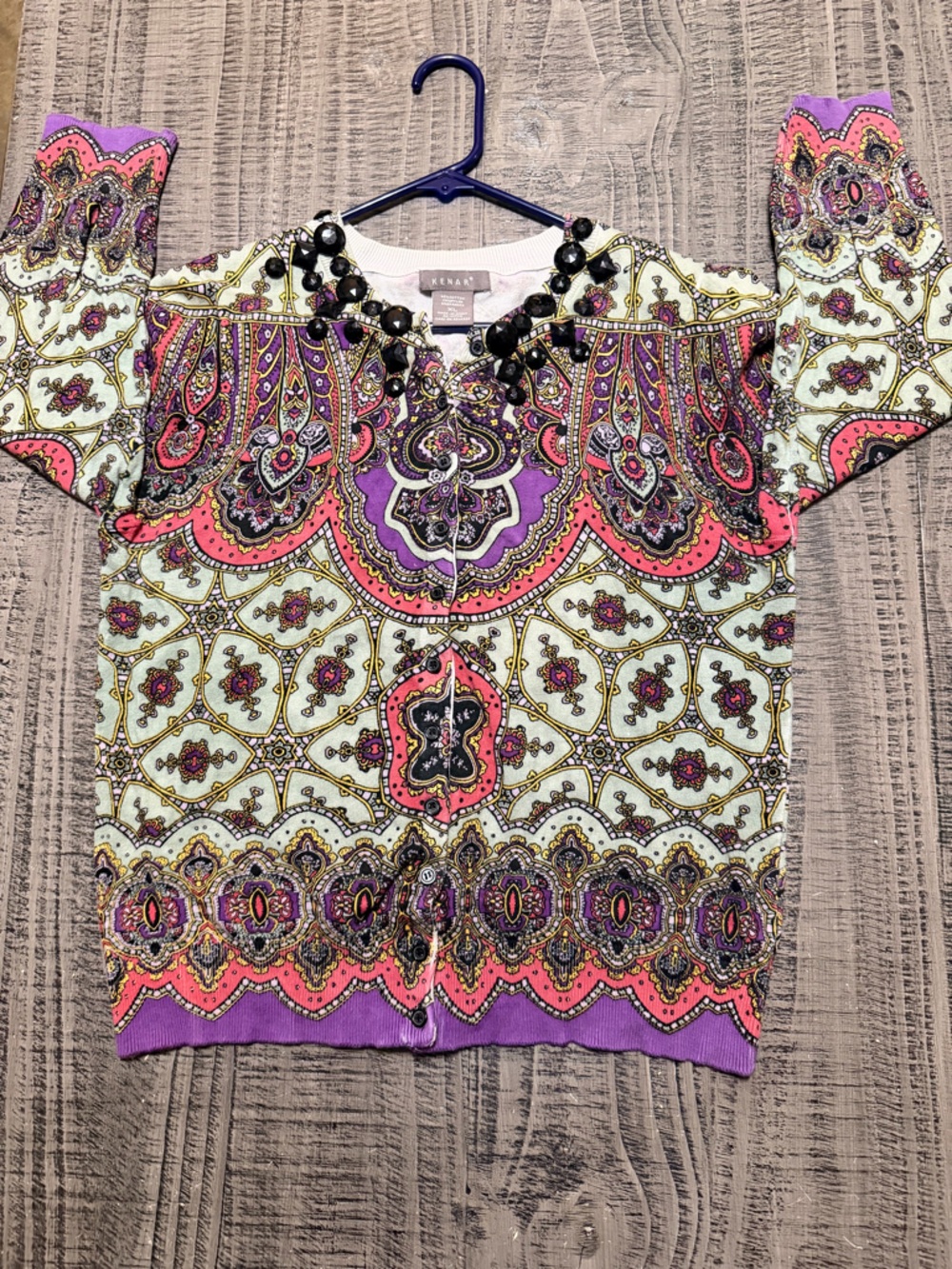 Kenar Paisley Cardigan Sweaterin Purple and Pink w Beaded Neckline